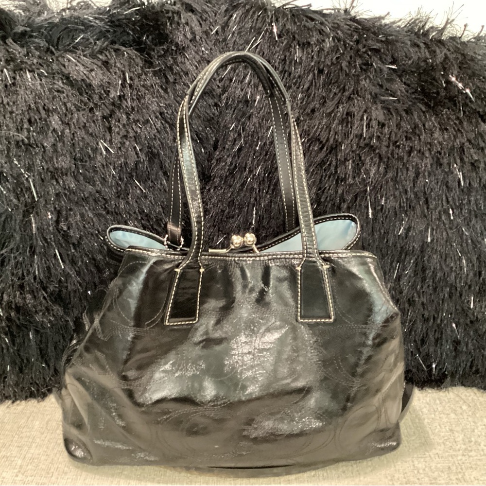 Coach black patent leather monogram kiss lock shoulder bag with silver hardware